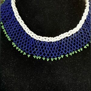 Native Am Beaded Neck Collar & button closure Blue, Green, White Handmade NWOT
